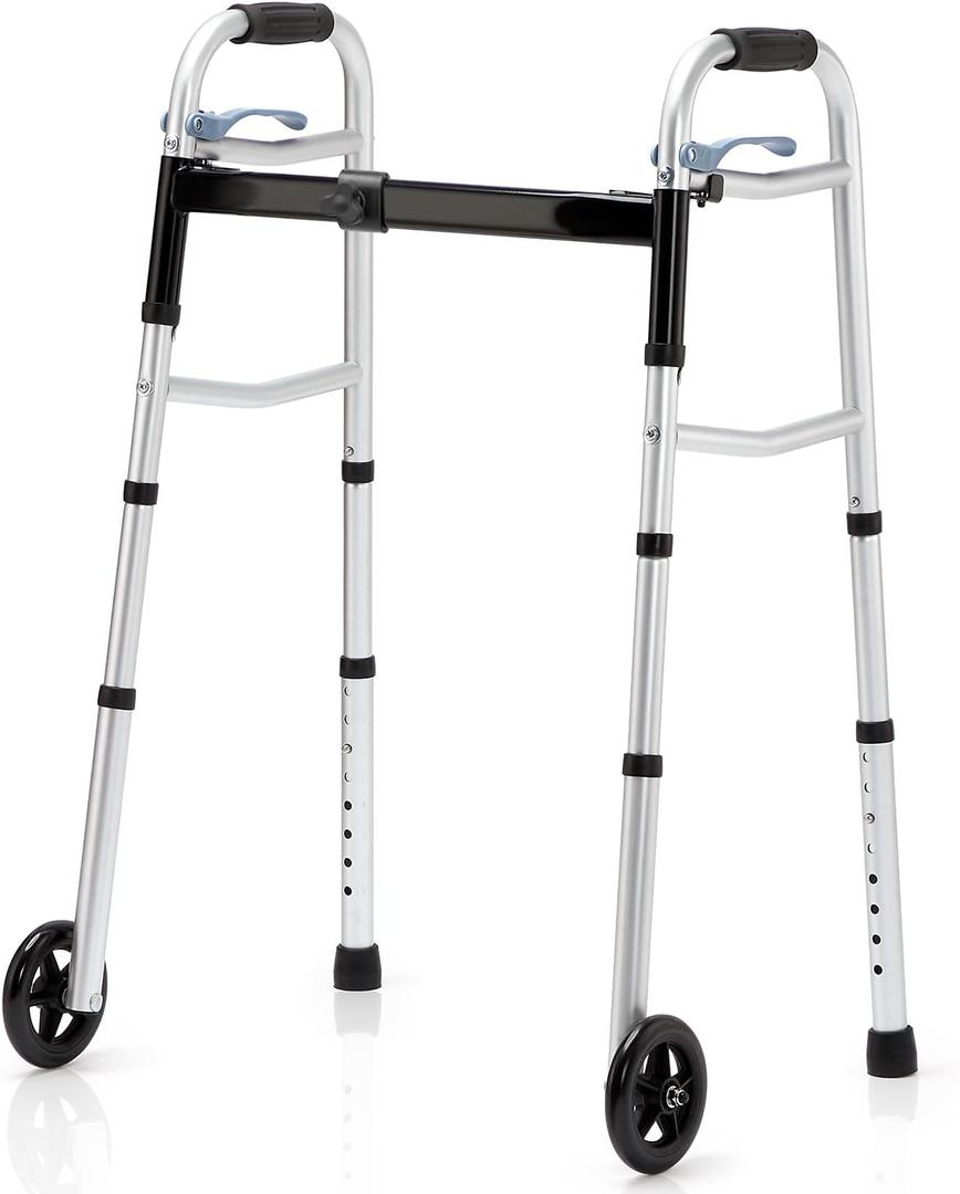 OasisSpace Compact Folding Walkers, Lightweight Walkers for Seniors Adults Elderly, Rolling Front Wheels Walker, Standard Walking Assist Narrow Walker for Small Spaces Up to 300lbs