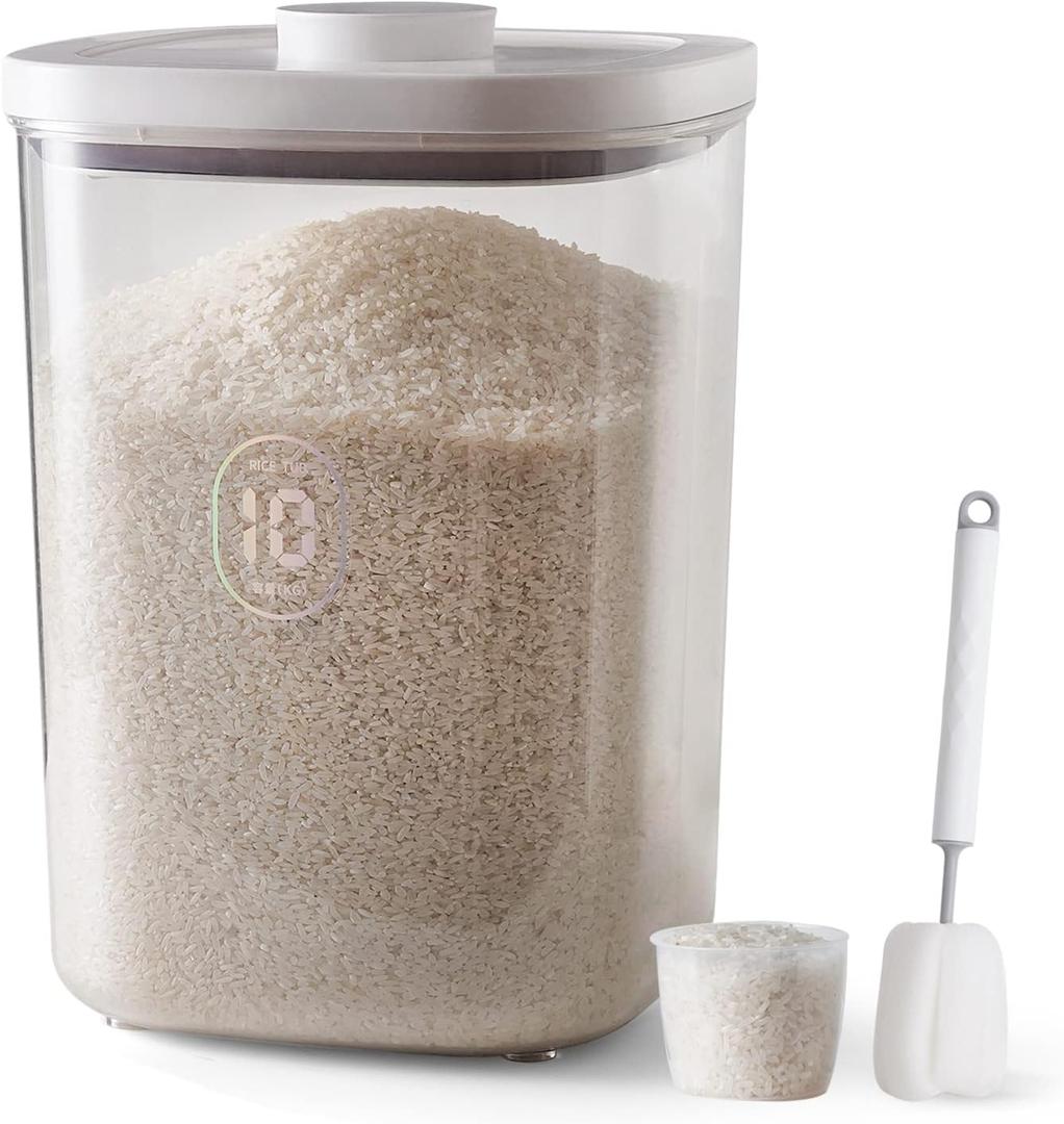 LivLab 20-25 lbs Rice Dispenser,10.5 Qt/10 L/22-25 lbs Rice Container Storage with Measuring Cup & Brush Food Cereal Container Bins Household for Kitchen Pantry Organization (AY-10KG-WHITE)