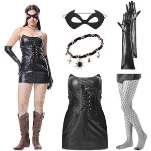 XYHKOBB Gothic Black Cat Costume Set for Halloween Parties Women's Punk Rock Faux Leather Corset Dress Gloves Mask L