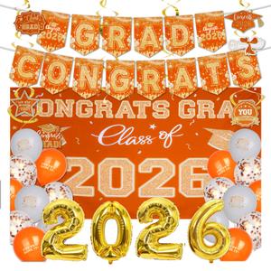 baotongle 2026 Graduation Decorations Themed Set Congrats Grad Backdrop Balloons Banner and Streamers Hanging Swirls Kit for Party Supplies High School College Celebrations(Orange)