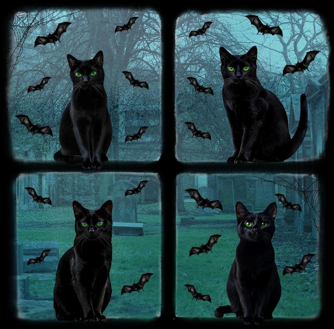 2 x Halloween Window Clings Decorations - 16.5" Double Sided Large Lifelike Black Cat Silhouette Halloween Decor with Bat Spiderweb, Spooky Window Decals Stickers Home Decor for Glass Mirror, 6 Sheets