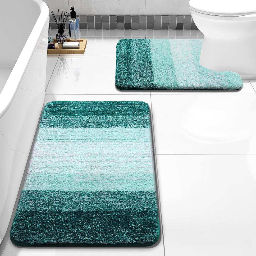 Arotive Bathroom Rugs Sets 2 Piece, Soft Absorbent Microfiber Bath Mats and U-Shaped Contour Toilet Rug, Non-Slip Machine Washable Dry Bath Mats for Bathroom, 30x20 and 24x20, Dark Green