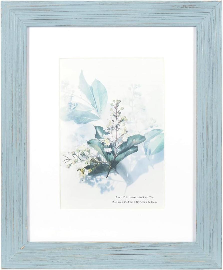 KAIWIN 100% Solid Wood Blue 8x10 Picture Frame 1 Pack - Display Picture 5x7 with Mat, HD Plexiglass Inside, Rustic Wooden Photo Frames for Table Top and Wall Mounting