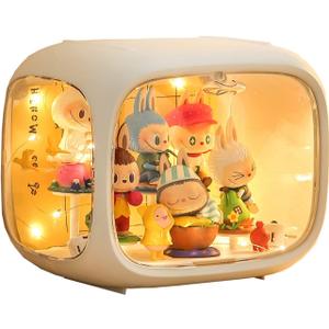 Display case for Figures with Light Adjustable Display Stand Clear Acrylic Display Box with Door Dust and Moisture Proof Suitable for Lego Collectibles Action Figures Pop Mart (White)