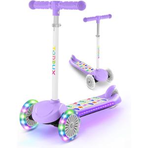 TONBUX Kids Scooter for Ages 3-8, Toddler Scooter with Light-Up Wheels, Adjustable 4-Level Height 3-Wheel Scooters for Kids, Lean-to-Steer Design (Purple)