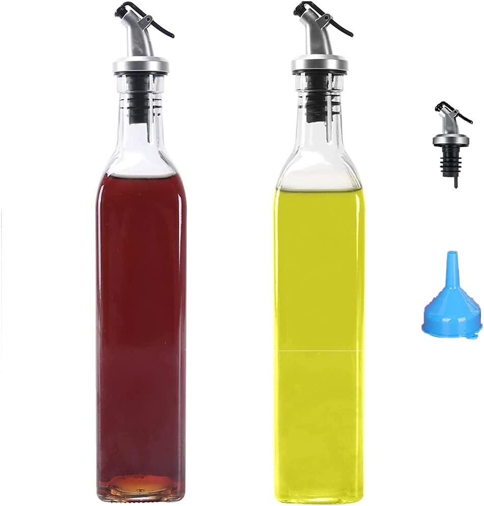 GLLBTPT [2 PACK] Clear Glass Olive Oil Dispenser Bottle Set-17oz/500ml Clear Oil & Vinegar Cruet Bottle with Funnel and Labels