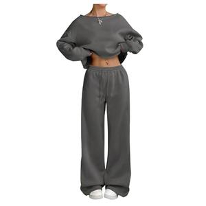 SOLY HUX Women's 2 Piece Outfits Fall Sweatsuits Off The Shoulder Crop Top Wide Leg Sweatpants Casual Matching Lounge Sets Pure Grey Large. Size Large