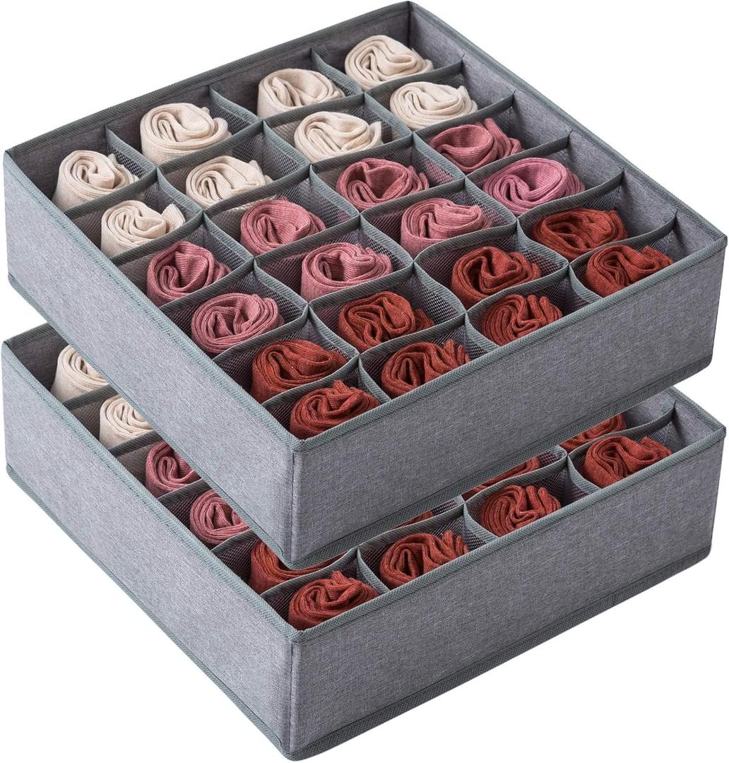 Qozary 2 Pack Socks Underwear Drawer Organizer Divider, 24 Cell or 16 Cell Collapsible Cabinet Closet Organizer Storage Boxes for Clothes, Socks, Lingerie, Underwear, Ties (Grey)
