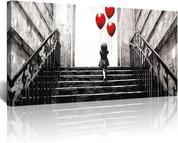 Lapremoly Large Canvas Wall Art For Bedroom Wall Decor For Living Room Office Decor Banksy Black And White Abstract Wall Painting Kid Graffiti Street Pictures Artwork Girl Room Home Decorations Size: 48L" x 24W"
