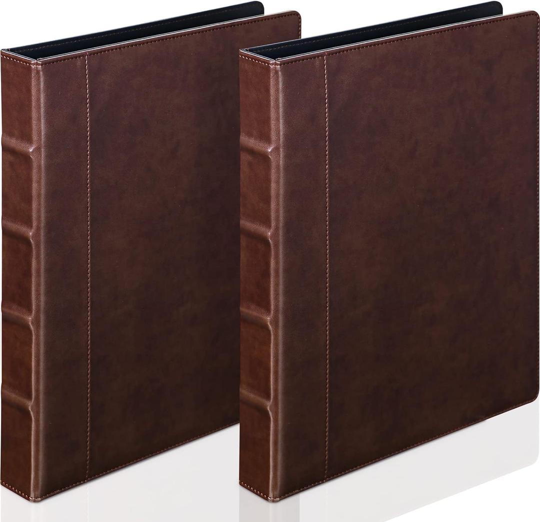 Marspark 2 Pcs Vintage Hardback 3 Ring Binder Professional Leather Binder Organizer Letter Size 8.5 x 11 Documents Round Rings Holds 200 Sheets with 2 Inner Pockets(1 Inch,Brown)