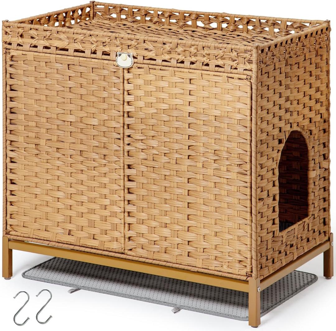 SETVSON Cat Litter Box Enclosure Furniture, Hidden Handwoven Rattan Litter Box with Mat, Large Cat House with Metal Heightened Feet, 30.3 x 18.3 x 28 Inches, Indoor for Living Room, Bedroom Natural