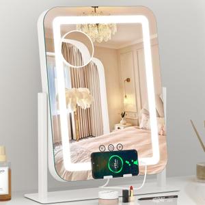 Dripex LED Lighted Makeup Mirror with 12V 2A USB Charging Port 3 Colors Dimmable 15"x12" Vanity Mirror with Lights Touch Keys Phone Holder 10X Magnification for Vanity Desk