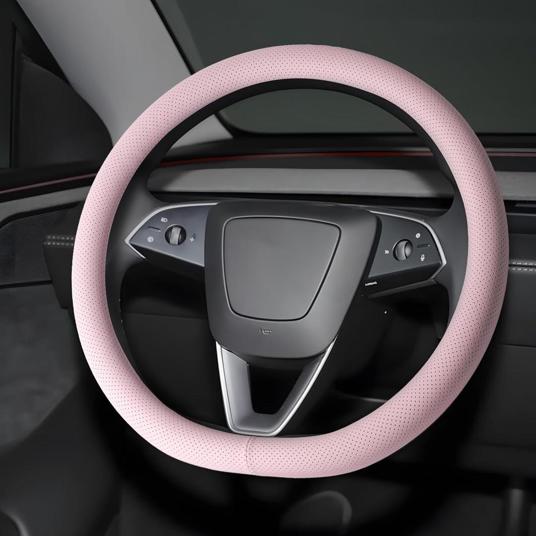 Microfiber Leather Universal 14.5-15 inch Steering Wheel Cover,Easy to Install Non-Slip Breathable Steering Wheel Protector Light Pink