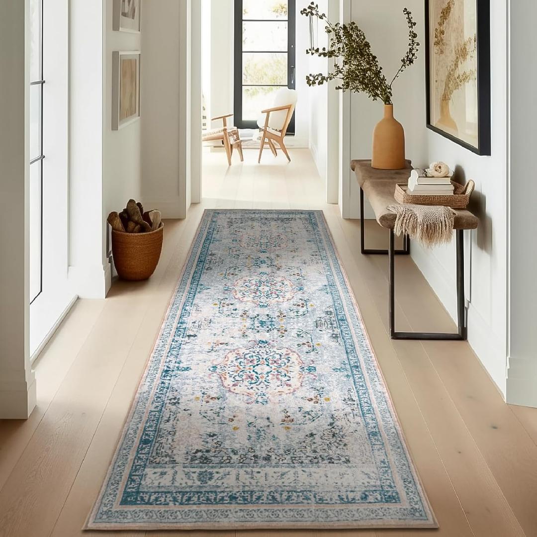 Ashler Boho Runner Rugs, Area Rugs 2x6 Vintage Rug for Entryway, Hallways Entry Rug, Indoor Area Rug for Livingroom, Bedroom, Porch, Floor, Machine Washable Carpet, Non-Slip Backing, Blue/Light Pink