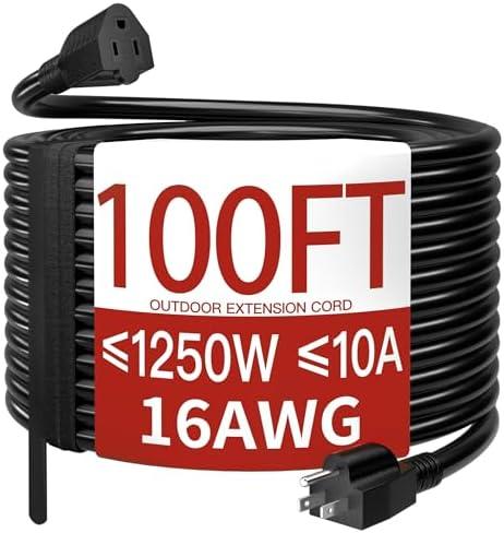 Skrizcable 16/3 100 Ft Outdoor Extension Cord Waterproof, Weatherproof & Flame Retardant Black 3 Prong Power Cord Outside for Lawn & Garden, 10 Amps 1250 Watts 125 VAC 16AWG SJTW, ETL Listed