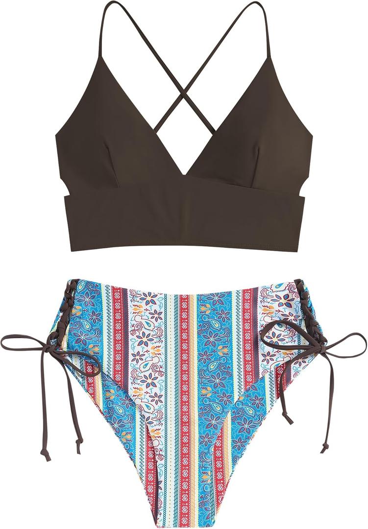 ZAFUL Women Tankini Set, Ribbed High Cut Surplice Swimsuit Bathing Suit with Spaghetti Straps (Small, 4-white-black) ZAFUL Women Tankini Set, Ribbed High Cut Surplice Swimsuit Bathing Suit with Spaghetti Straps (Small, 4-white-black)