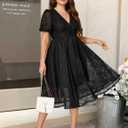 Women's Plus Size Cocktail Dress - V Neck Short Sleeve Lace Midi Dress | Semi Formal Wedding Guest Prom Attire (Large, Black)