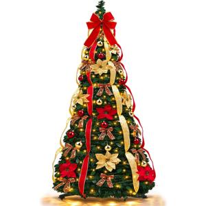 6.5 Ft Pop up Christmas Tree,Prelit 200 Warm White LED Lights,Opens Instantly,Fully Decorated,8 Lighting Modes & Timer,Fire-Resistant,Foldable,Collapsible Xmas Tree Outdoor Indoor Holiday Party Decor