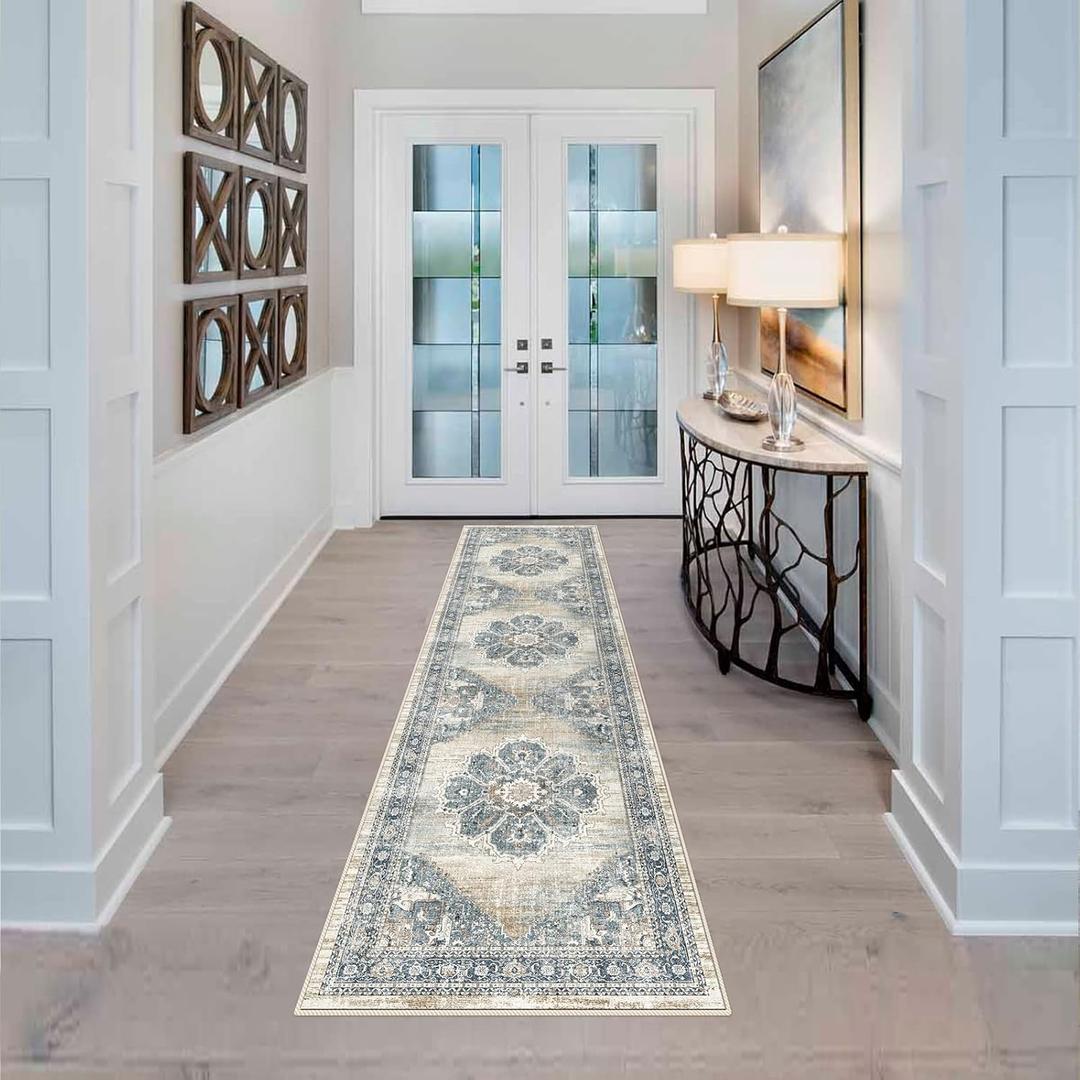 YOUFORTONG 2x7 Runner Rugs for Hallways Soft Kitchen Rug Non Slip Rug Runner with Rubber Backing for Bathroom Washable Non Shedding Farmhouse Runner Rug (Blue, 2X7)