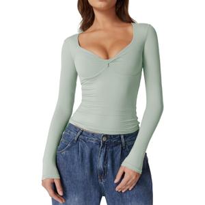 QINSEN Womens Long Sleeve Twist Front V Neck T Shirts Double Lined Slim Fit Trendy Top Tee (Small, Green)