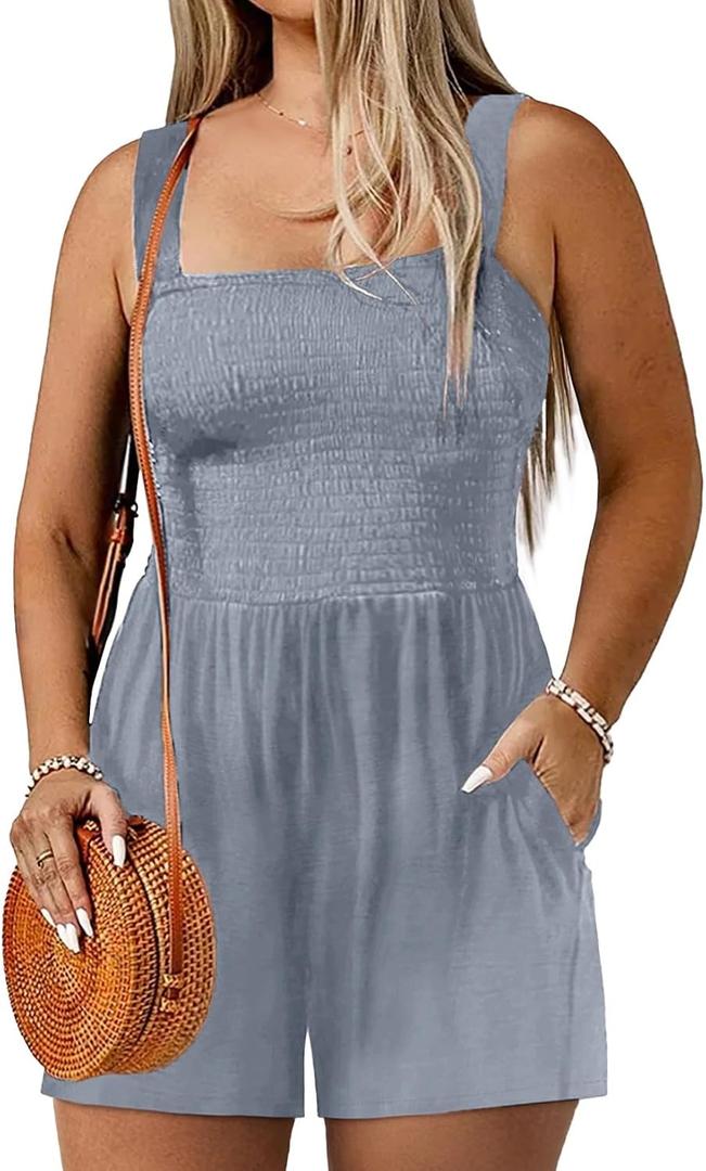 Eytino Plus Size Jumpsuits for Women Loose Summer Smocked Square Neck Sleeveless Short Rompers with Pockets(1X-5X) (Blue)