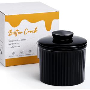 Large Butter Crock for Counter with Water Line, Butter Keeper, Ceramic French Butter Dish Holder for Fresh Spreadable Soft Butter (Black)