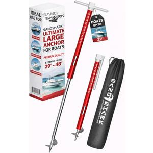 SandShark Anchor Ultimate Large - Premium Screw in Boat Anchor, Pontoon Boat Anchor, Stainless Steel Shallow Water Anchor Pole, Sand Anchor 29"-48" w/ Case - Essential Pontoon Boat Accessories, Large Red