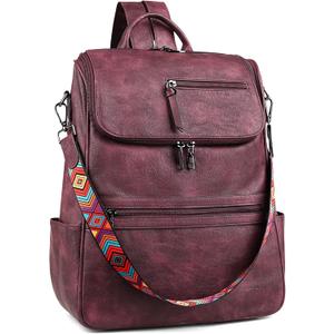 FADEON Laptop Backpack for Women Leather Travel Backpack with Laptop Compartment, Designer PU Shoulder Laptop Bag Red (Wine Red Retro Style)