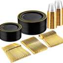 bUCLA 150 Pieces Black and Gold Disposable Dinnerware Set - 25 Guests Black Gold Plastic Plates Include 25 Dinner & 25 Dessert Plates, 25 Spoons, 25 Forks, 25 Knives, 25 Cups for Party & Graduation