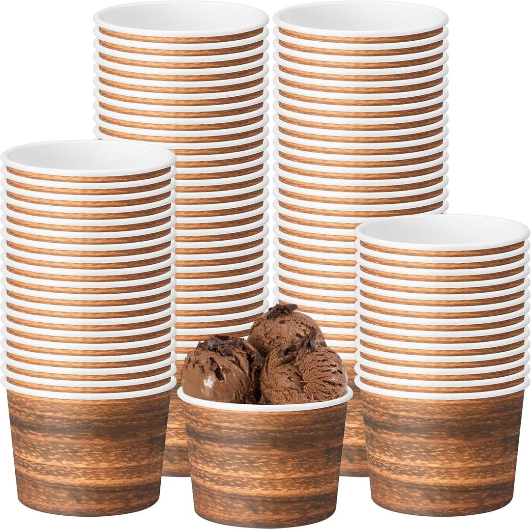50 Pack Rustic Wood Ice Cream Cups 9 oz Wood Grain Disposable Dessert Bowls Paper Soup Bowls Vintage Snack Cup for Hot or Cold Food Western Themed Birthday Camping Baby Shower Party Supplies (Brown)