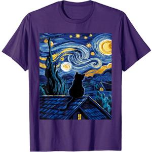 Cat Starry Night Van Gogh Cat Art Lover Funny Cat T-Shirt, Size XL