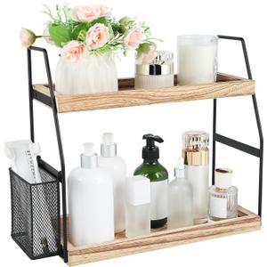 Bathroom Counter Organizer, 2-Tier Standing Storage Shelf with Basket, Wood Tray for Skincare Vanity Organizer, 14" x 6" x 13"