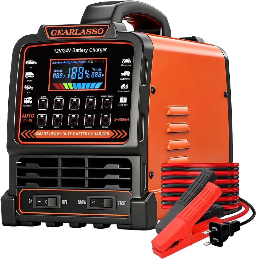 12V 24V Car Battery Charger Heavy Duty, 0-15A Automatic Battery Maintainer with Auto Shutoff, 10 Charging Modes incl. CV/CC & Strong Mode, Smart Trickle Charger for Car Truck Motorcycle RV