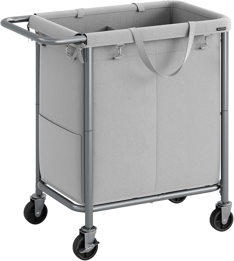SONGMICS Laundry Basket with Wheels, 2-Section Rolling Laundry Hamper, 37 Gallons (140L), Removable Liner, Steel Frame with Handle, Blanket Storage, 27.2 x 15.4 x 31.9 Inches, Dove Grey URLS004G01 (140 L)