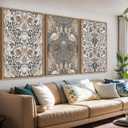 Large Retro Framed Wall Art - Natural Float Framed Vintage Flowers Canvas William Morris Painting Pictures Rustic Floral Pattern Prints Artwork for Living Room Bedroom Office Decor 48" X 24" Set of 3