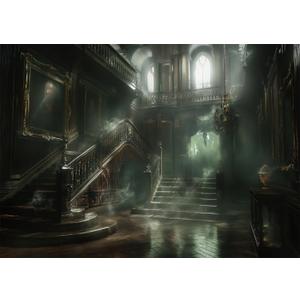 10x8FT Halloween Haunted House Backdrop Medieval Retro Gothic Architecture Creepy Abandoned Houses Terror Stone Wall for Halloween Themed Party Decoration Background Vinyl