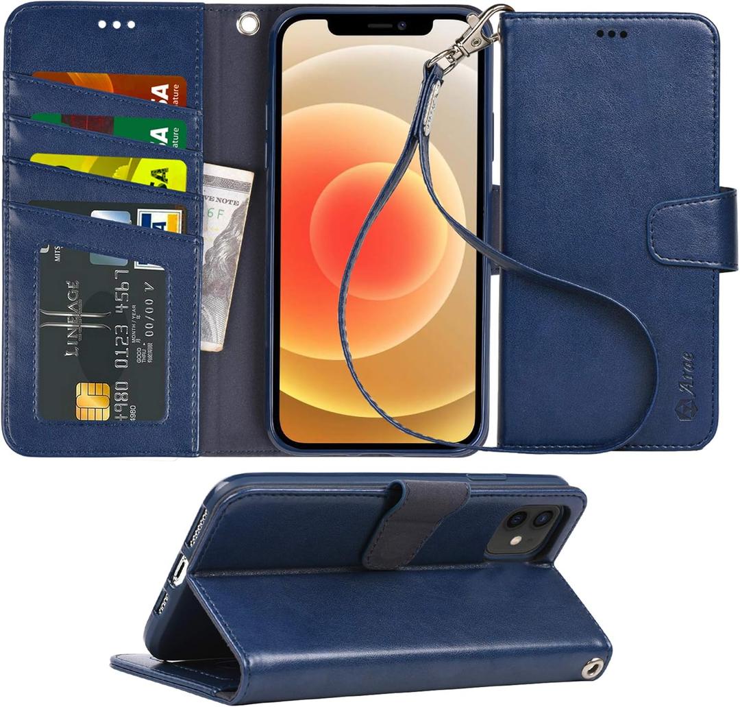 Arae Compatible with iPhone 12 Case and iPhone 12 Pro Case Wallet Flip Cover with Card Holder and Wrist Strap for iPhone 12/12 Pro 6.1 inch - Blue
