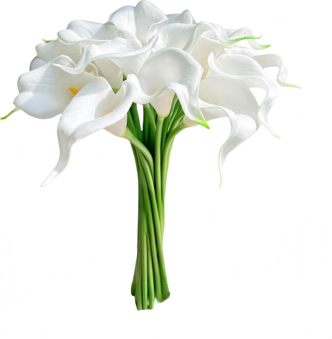 18pcs Real Touch Artificial Calla Lily Flowers for Decoration, Outdoor Wedding Bouquets, Lifelike Faux Flowers for Home, Garden, Party, and Event Decor (White&Green)