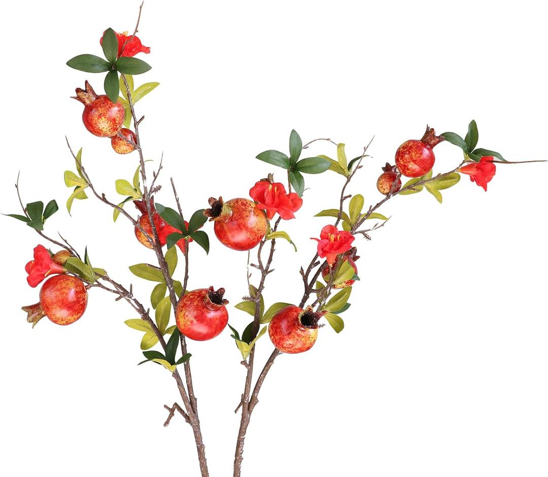 Forlaoers Realistic 2pcs Red Berries Pomegranate Fruit Fake Branches Fall Stems with Artificial Flowers for Decoration Home Bedroom Decor Vase Tall Table Christmas Floral Arrangements Centerpiece