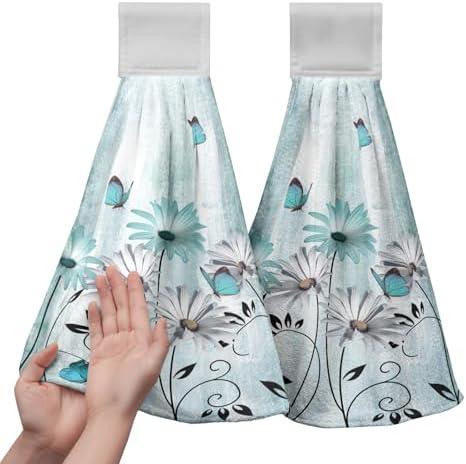 Kwlegh 2 Pcs Teal Daisy Floral Hanging Kitchen Towels Turquoise Rustic Poppy Flower Butterfly Hand Towel with Hanging Loop Fast Drying Dish Washcloths Soft Absorbent Fingertip Bath Towel for Bathroom