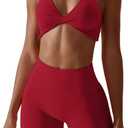 ABOCIW Workout Sets for Women 2 Piece Twist Front Halter Sports Bras High Waist Biker Shorts Exercise Gym Yoga Outfit (Small, Cherry Red)