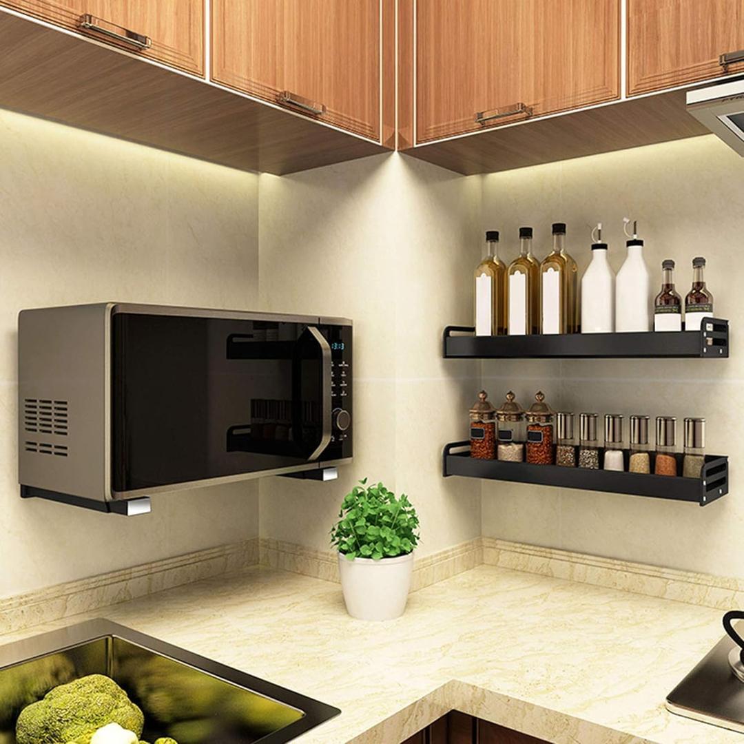 304 Stainless Steel Sturdy Microwave Shelf Bracket Wall Mount Kit Foldable Stretch Wall Mounted Rack Shelf Oven Stand Shelf Rack 2Piece with Screws, 200X220mm 8X8.5Inch, Black