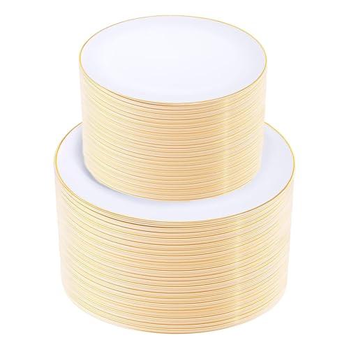 KIRE 200PCS Gold Plastic Plates - Disposable Plates for Party - White Plastic Plates with Gold Rim Include 100 for Dinner and 100 for Dessert/Salad in Wedding/Party/Spring/Graduation