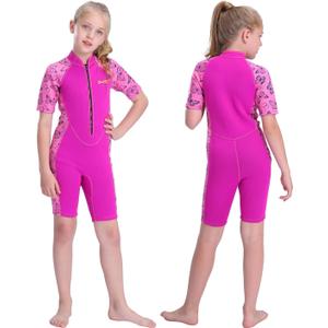 Girls Wetsuit Kids Shorty Wetsuits Toddler Thermal Swimsuit 2mm Neoprene Front Zip Keep Warm for Boys Girls Toddler Youth Swimming Diving Surfing (Pink, 2)