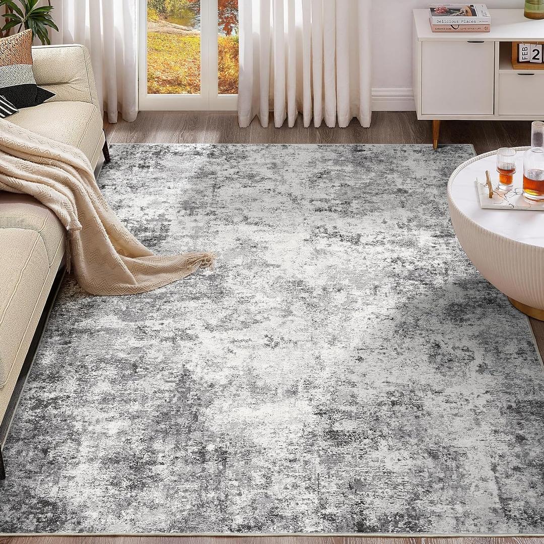UERMEI 5x7 Area Rug Living Room Rugs - Washable Neutral Modern Abstract Soft Thin Large Rug Indoor Floor No Slip Rug Carpet for Bedroom Under Dining Table Home Office Decor - Grey