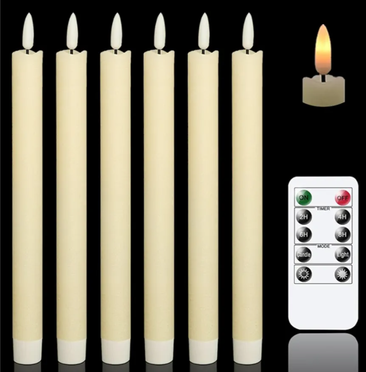 GenSwin Flameless Ivory Taper Candles Flickering with 10-Key Remote, Battery Operated Led Warm 3D Wick Light Window Candles Real Wax Pack of 6, Christmas Home Wedding Decor (0.78 X 9.64 Inch)