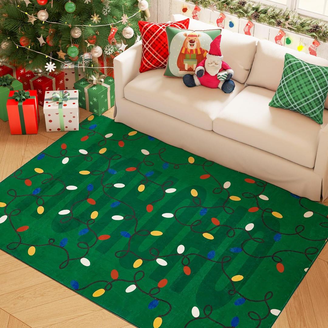Jinchan Christmas Area Rug 3x5 Green Holiday Lights Washable Non Slip Thin Floor Carpet Festive Decor Accent Soft for Bathroom Bedroom Dining Room Living Room