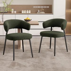 Dining Chairs Set of 2, Mid Century Modern Kitchen Chairs, Boucle Upholstered Dining Chair with Curved Backrest & Metal Legs for Kitchen Dining Room, Green