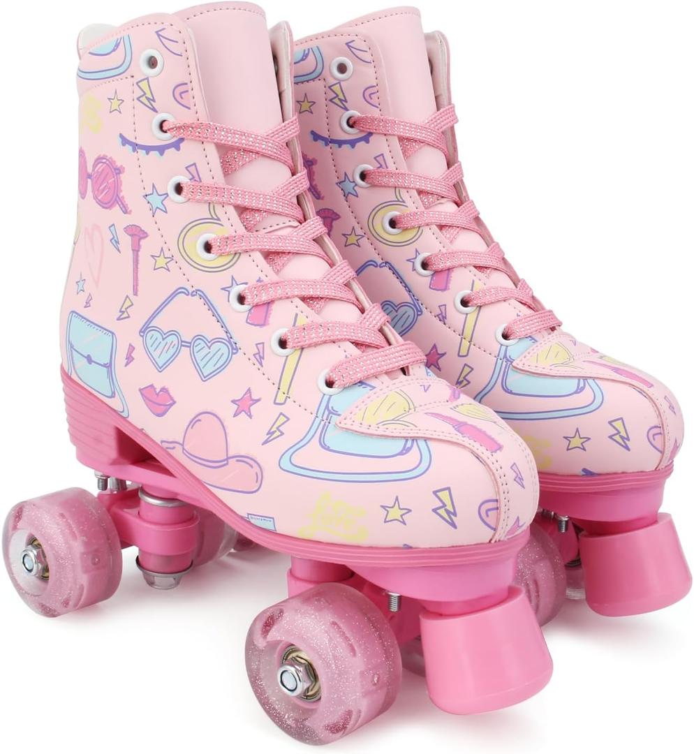 jessie Roller Skates Girls Ages 6-12 with Light Up Wheels PU Leather High-top Skate for Kids, Women, Youth and Beginners Outdoor(Pink,32-Youth 1/ Women’s 3/Men's 2.5)