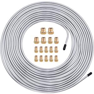 Brake Line Tubing Kit 25 Ft. 3/16" OD Flexible Zinc Coated Alloy Brake Line Tubing Coil Fitting Kit 16 Fittings SAE Thread (Silver)